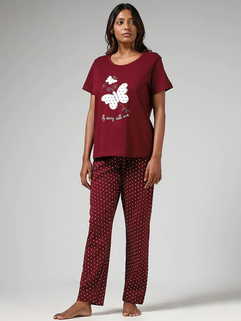 Butterfly Wings Printed PJ Set | Deep Maroon