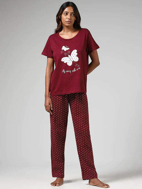 Butterfly Wings Printed PJ Set | Deep Maroon