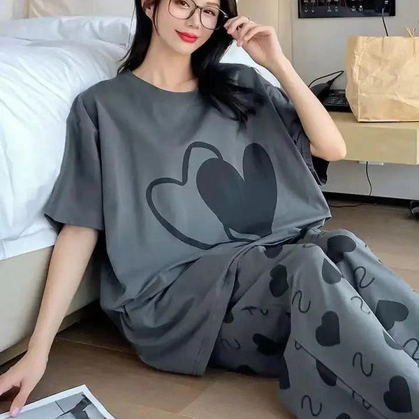 Double Heart Graphic PJ Set | Steel Grey & Silver