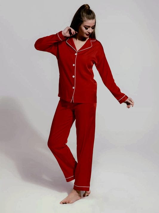 Women's Premium Silk Pajama Set in Redwine- 2-Piece Sleepwear