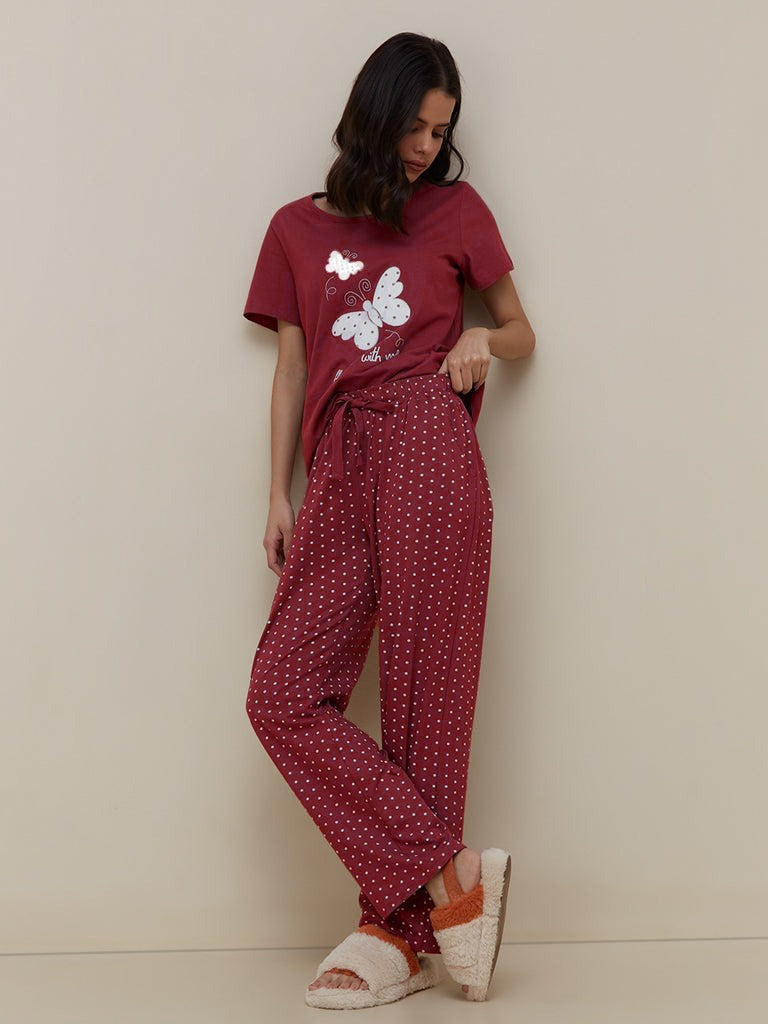 Butterfly Wings Printed PJ Set | Deep Maroon